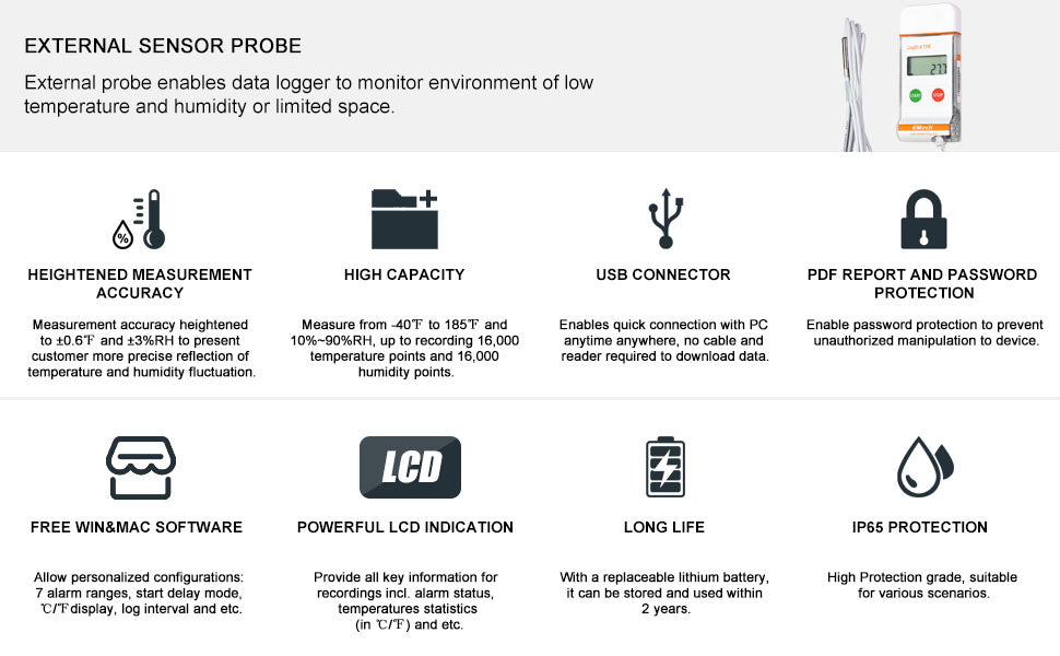 Elitech LogEt 8 The Temperature and Humidity Data Logger Reusable PDF Report USB Port External Sensor 16000 Points