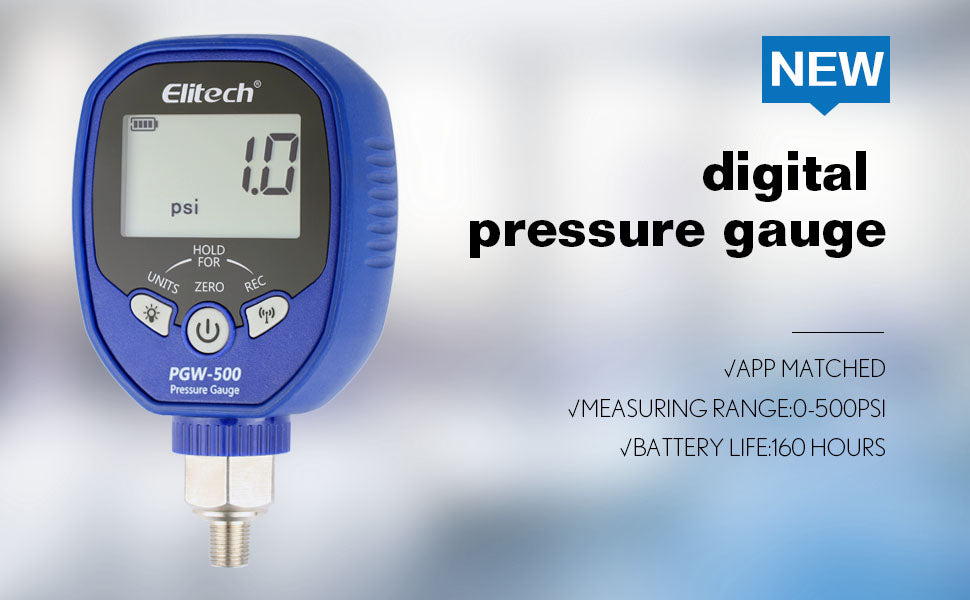 Elitech PGW-500 Wireless Digital Pressure Gauge with Temperature App Alerts for HVAC System IP65 Waterproof 0-500 PSI 1/8 NPT