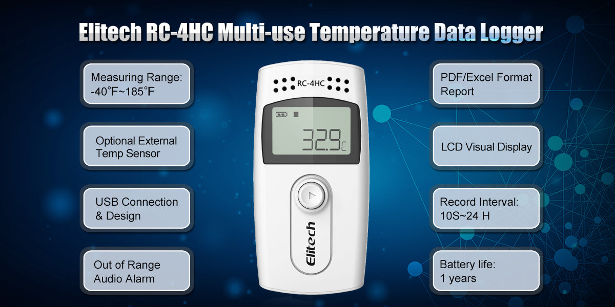 Elitech RC-4HC Digital Temperature and Humidity Data Logger Temp Recorder with External Sensors Audio Alarm