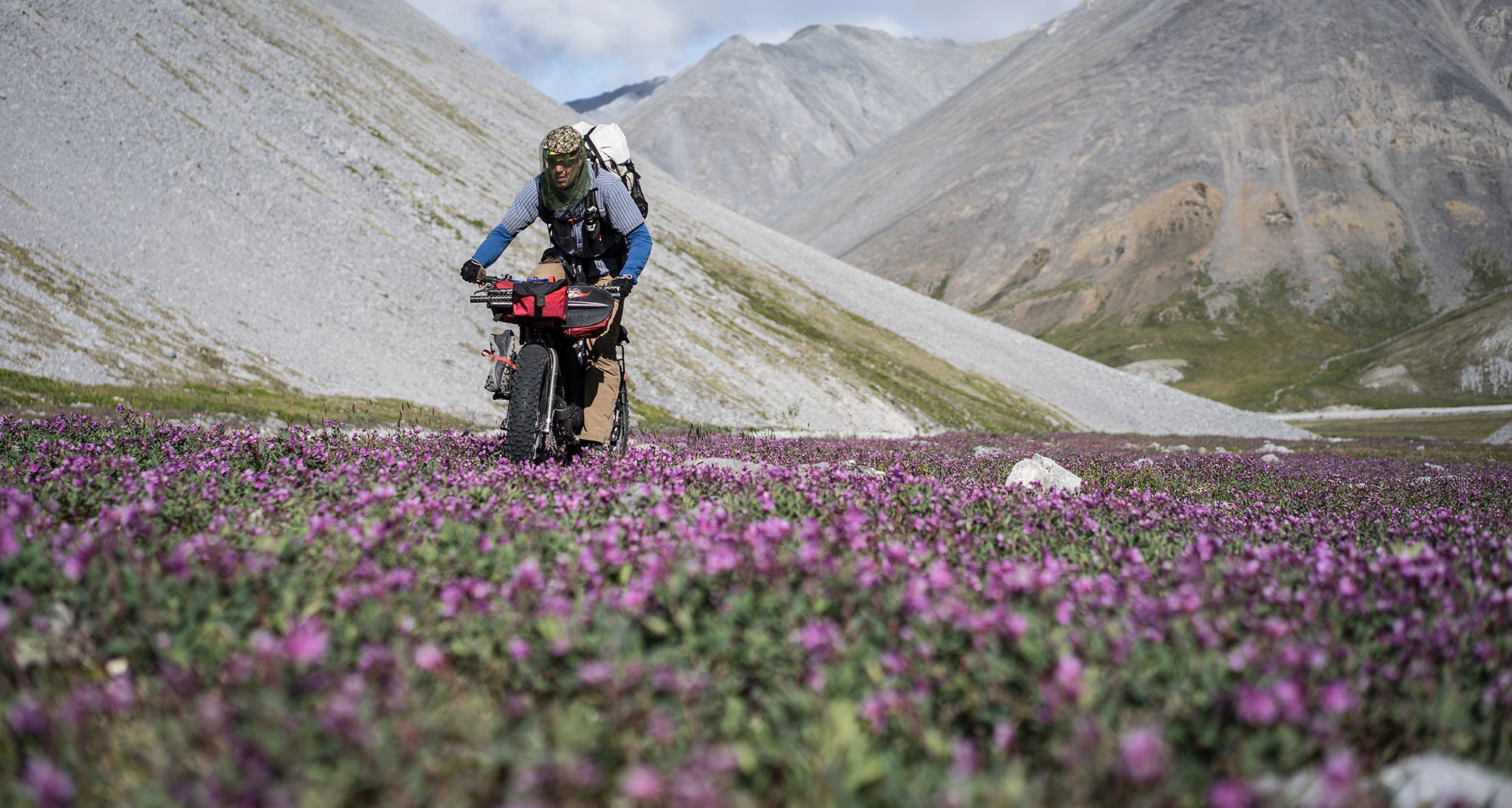 Ultralight bikepacker biking through a field of flowers