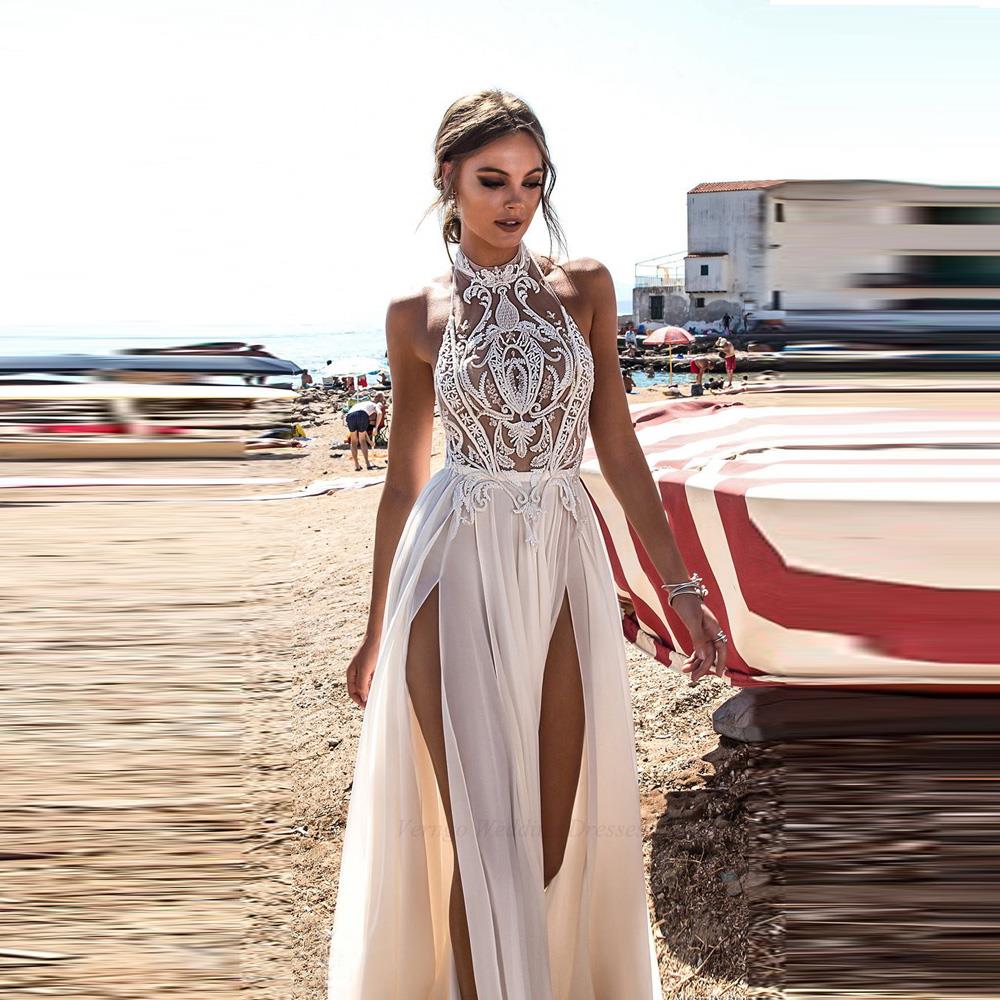 Affordable Plus Size Boho Bridal Gowns - High Neck Lace Halter, Full-Length  Chiffon Beach Wedding Dress