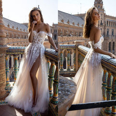 Beach Wedding Dress Boho Bride Gown Sexy High Side Slit Halter