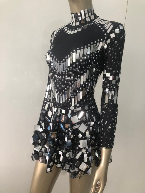 Shining Silver Mirrors Rhinestones Dress Women Singer Dancer Bright Bo ...