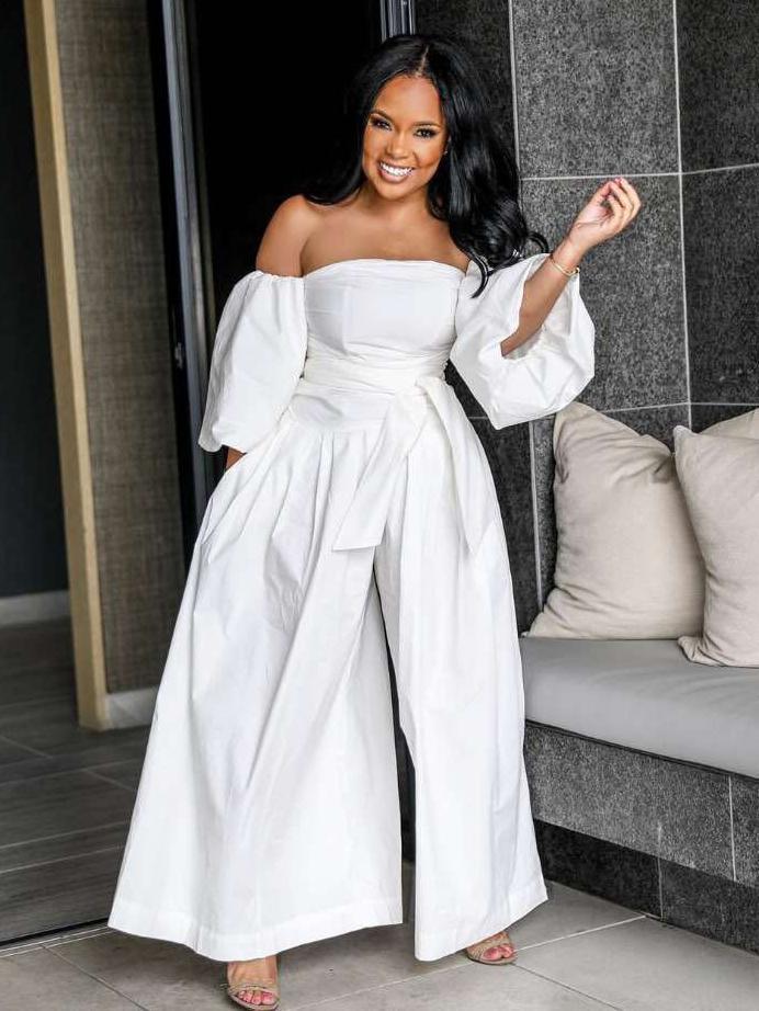 white off the shoulder jump suit