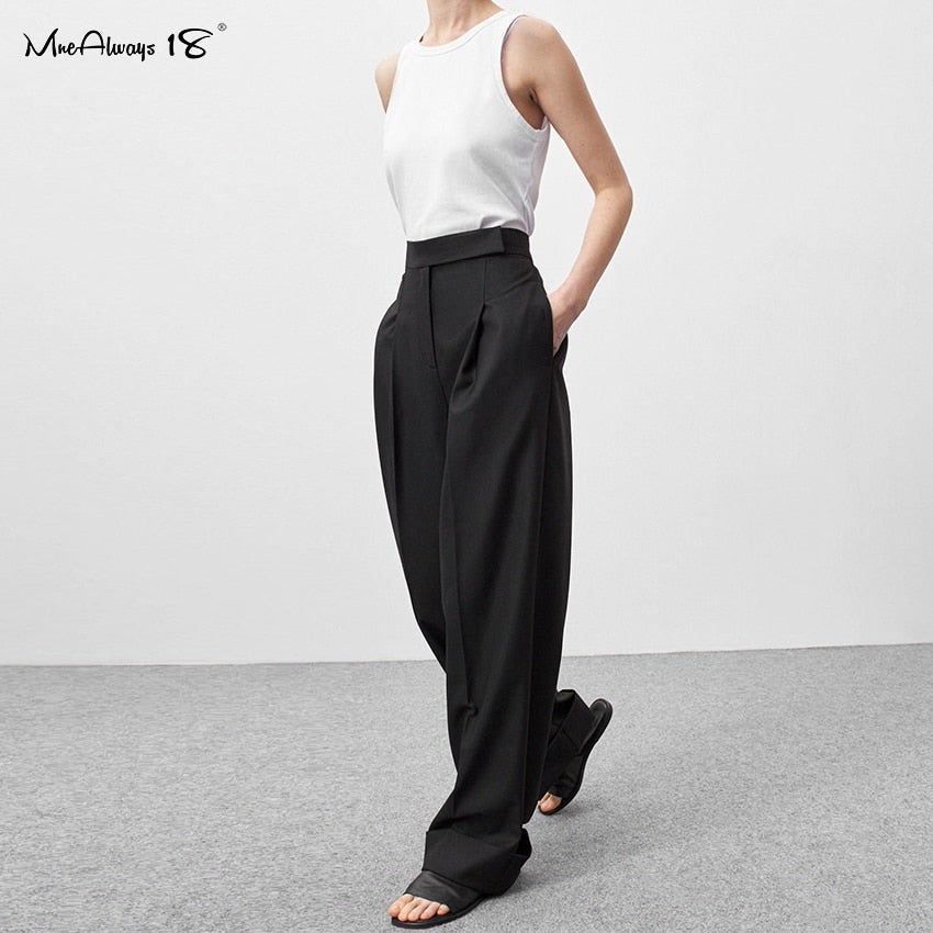 Women Black Solid HighRise Parallel Trousers