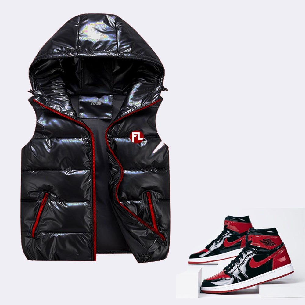 Forever Laced FL Gloss Black Hooded Bubble Vest to match Retro Jordan 1 OG Bred Patent