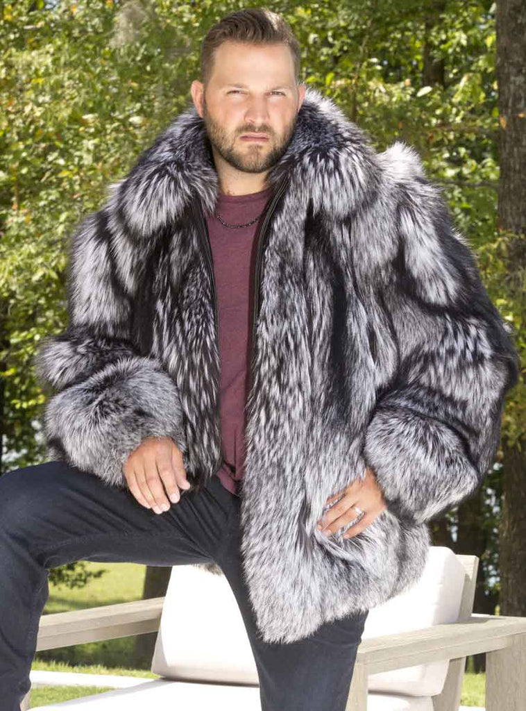 Men's Full Skin Silver Fox Fur Bomber Jacket with Optional Hood | Henig ...