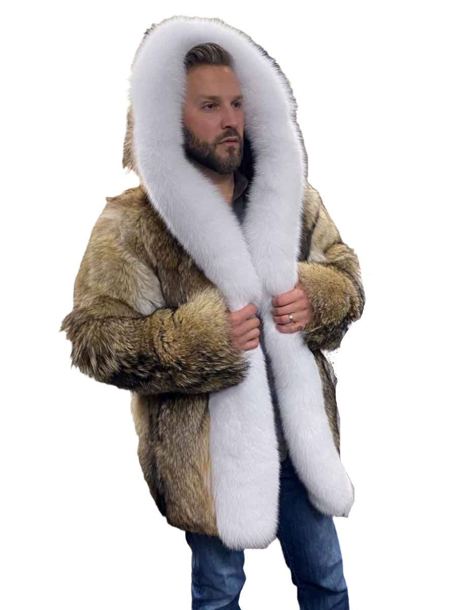 Custom Made Coyote Fur Jacket with Hood and Fox Fur Trim | Henig Furs