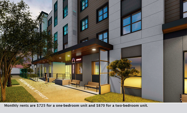 Monthly rents are $725 for a one-bedroom unit and $870 for a two-bedroom unit.