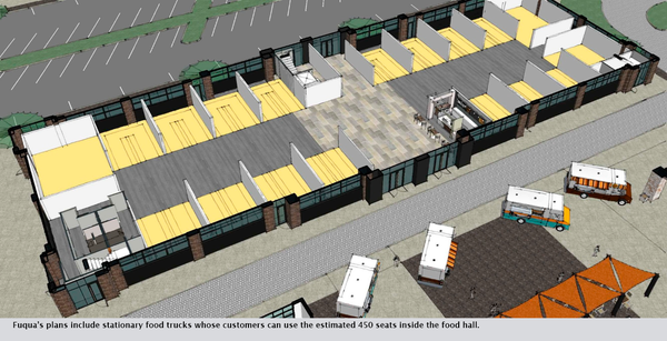 Fuqua’s plans include stationary food trucks whose customers can use the estimated 450 seats inside the food hall.