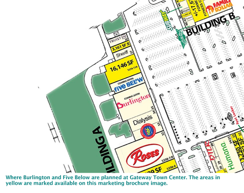 Where Burlington and Five Below are planned at Gateway Town Center. The areas in yellow are marked available on this marketing brochure image.