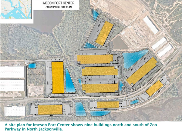 A site plan for Imeson Port Center shows nine buildings north and south of Zoo Parkway in North Jacksonville.