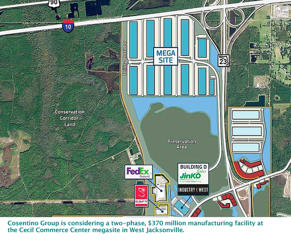 Cosentino Group is considering a two-phase, $370 million manufacturing facility at the Cecil Commerce Center megasite in West Jacksonville.