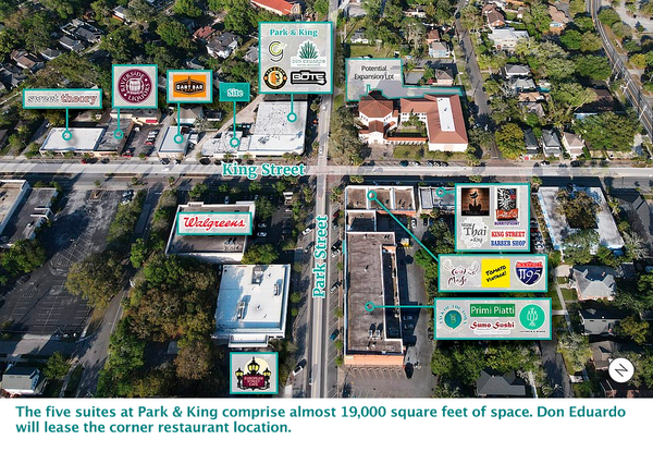 The five suites at Park & King comprise almost 19,000 square feet of space. Don Eduardo will lease the corner restaurant location.