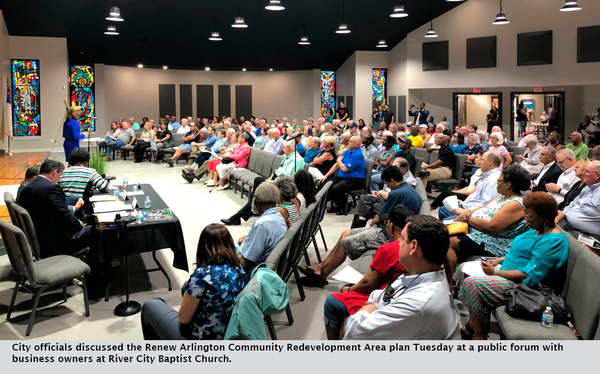 City officials discussed the Renew Arlington Community Redevelopment Area plan Tuesday at a public forum with business owners at River City Baptist Church.