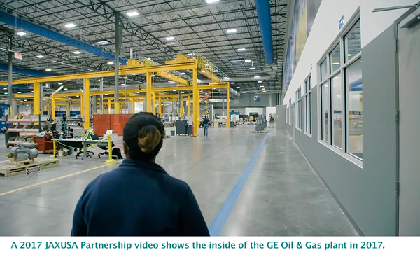 A 2017 JAXUSA Partnership video shows the inside of the GE Oil & Gas plant in 2017.