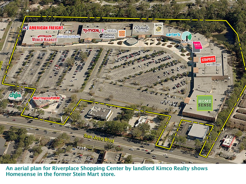 An aerial plan for Riverplace Shopping Center by landlord Kimco Realty shows Homesense in the former Stein Mart store.