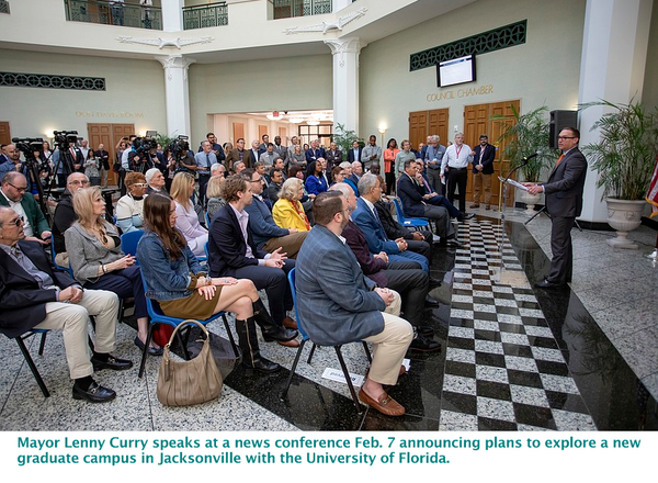 Mayor Lenny Curry speaks at a news conference Feb. 7 announcing plans to explore a new graduate campus in Jacksonville with the University of Florida.