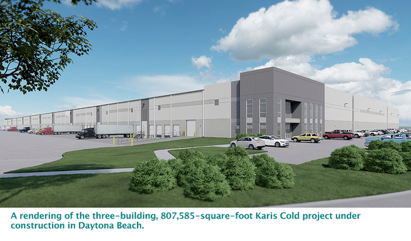A rendering of the three-building, 807,585-square-foot Karis Cold project under construction in Daytona Beach.