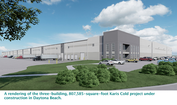 A rendering of the three-building, 807,585-square-foot Karis Cold project under construction in Daytona Beach.