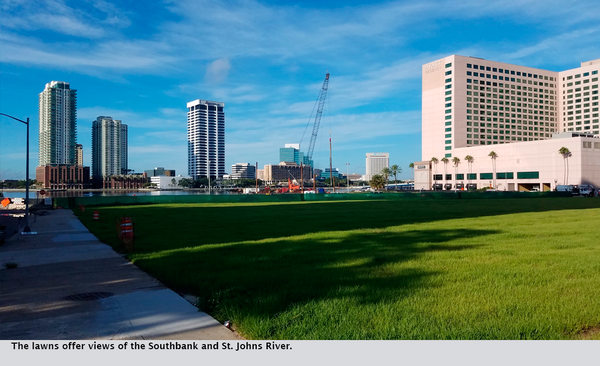The lawns offer views of the Southbank and St. Johns River.
