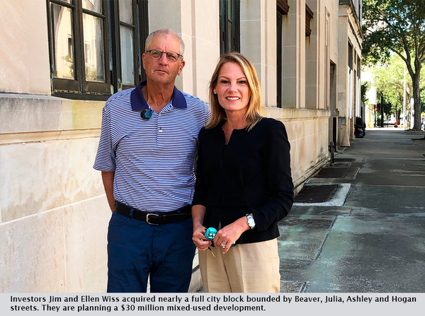 Investors Jim and Ellen Wiss acquired nearly a full city block bounded by Beaver, Julia, Ashley and Hogan streets. They are planning a $30 million mixed-used development.