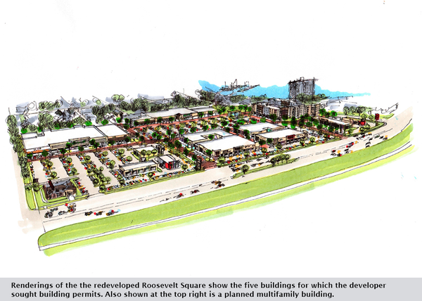 Renderings of the the redeveloped Roosevelt Square show the five buildings for which the developer sought building permits. Also shown at the top right is a planned multifamily building.