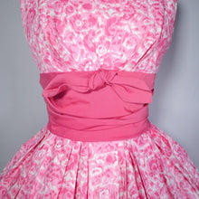 Load image into Gallery viewer, 50s LINZI LINE FLORAL PINK AND WHITE DRESS WITH CUMBERBUND WAIST AND FULL SKIRT - S-M