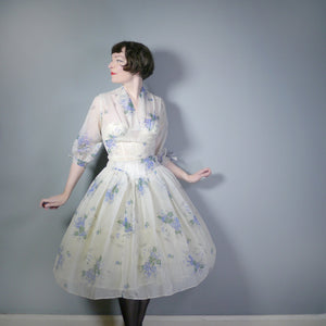 50s SHEER WHITE FLORAL NYLON PRINCESS DRESS WITH BLUE ROSES - S