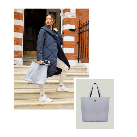 Autumn/Winter styling - wearing loungewear | white & blue outfit idea | light blue vegan leather tote gym shopping bag 