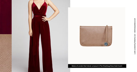 New Year’s Eve Sustainable Party Outfit Ideas |  Featured brands: Belles of London Red Velvet Jumpsuit and The Morph Bag Rose Gold Clutch