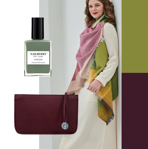 <p>Dressing for Spring Green &amp; purple outfit | purple clutch bag