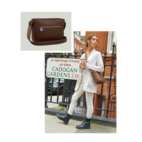 Autumn/Winter styling - wearing loungewear | white & brown outfit idea | brown vegan leather cross-body bag 