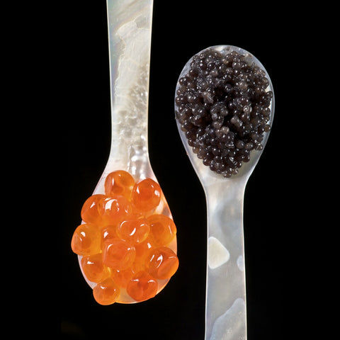 a spoon of fish roe with a spoon of caviar 