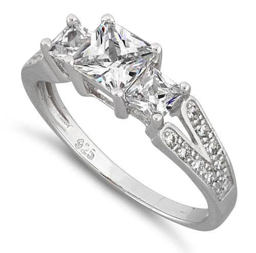 Sterling Silver Triple Princess Cut Cz Ring