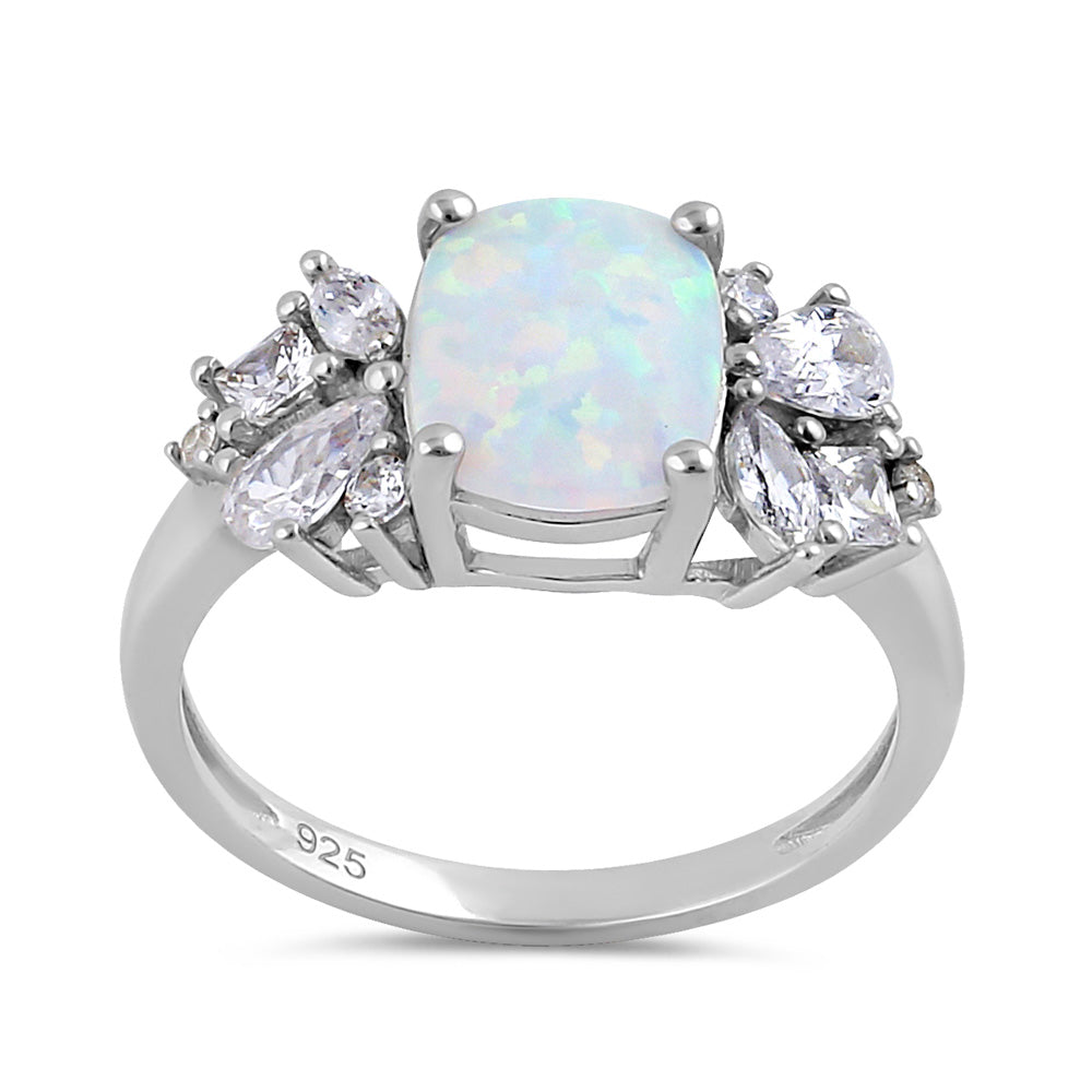 Sterling Silver Elegant Squoval White Lab Opal with Clear CZ Ring