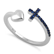 Load image into Gallery viewer, Sterling Silver Heart Cross Blue Sapphire CZ Ring