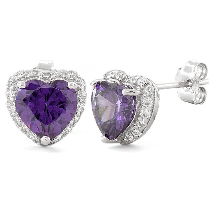 Sterling Silver Heart Shape Amethyst CZ Earrings