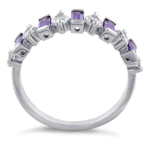 Sterling Silver Round & Baguette Amethyst CZ Ring