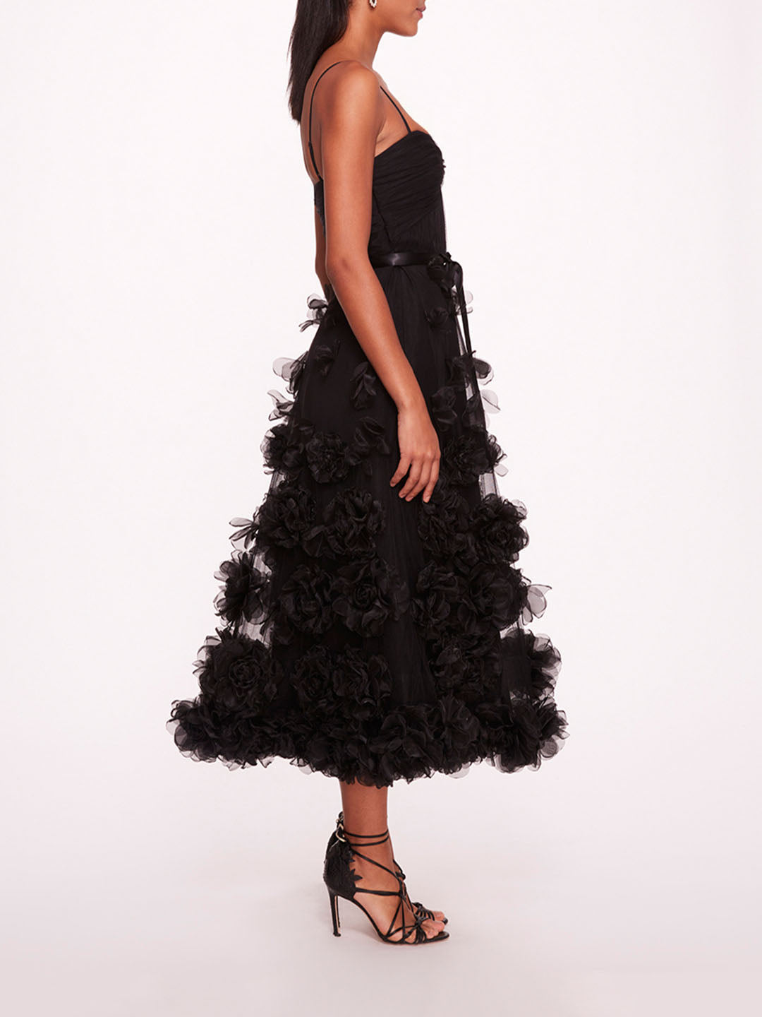 Shop Marchesa Tulle Rosette Midi Dress In Black