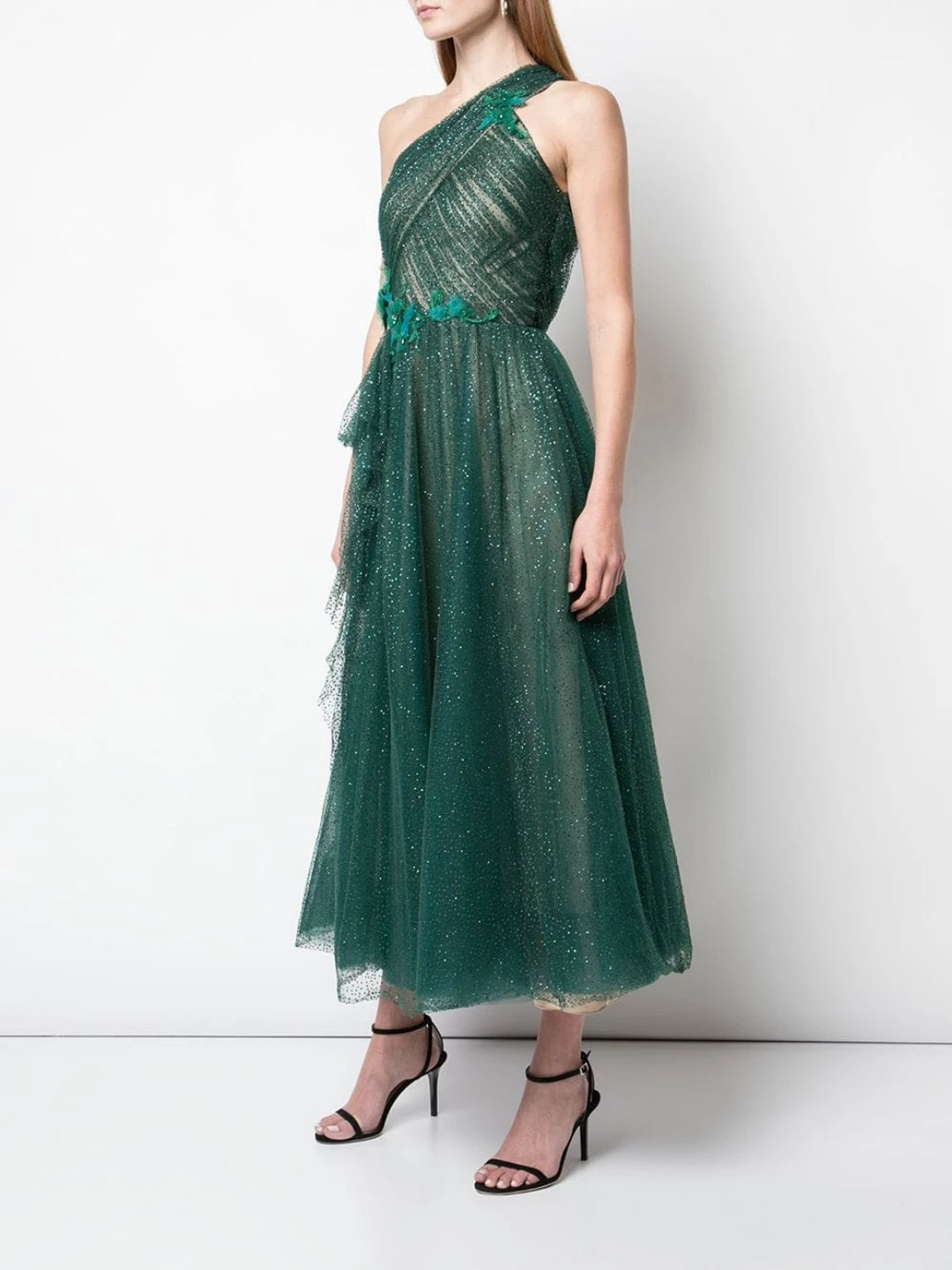 One Shoulder Glitter Tulle Tea Length |Shop Marchesa Notte