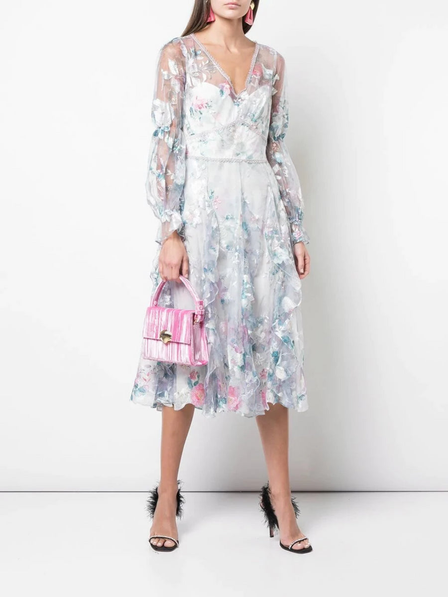 Bishop Sleeve Ruffle Cocktail Dress | Shop Marchesa Notte