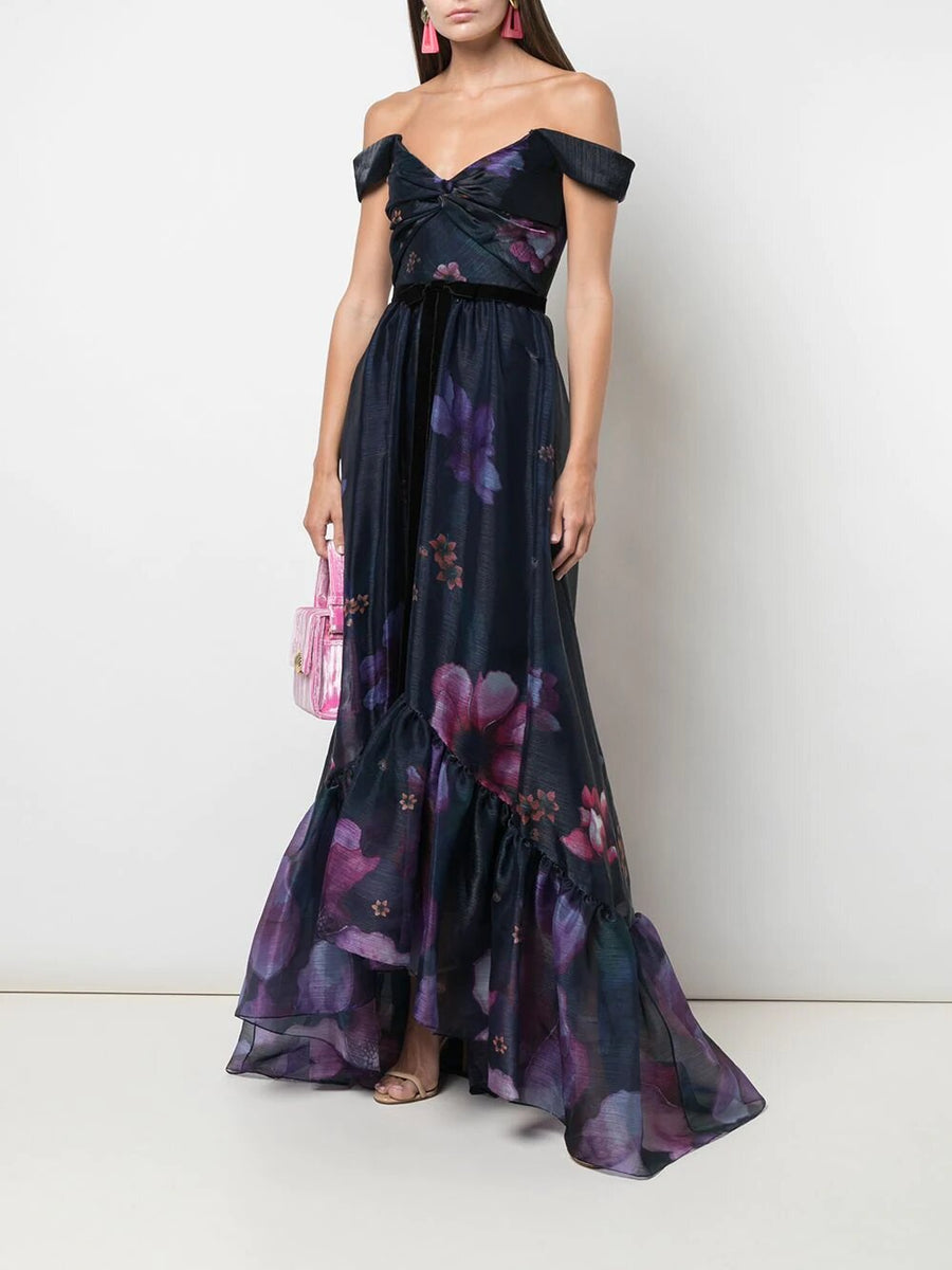 Off-Shoulder Navy Floral Print Organza Gown | Shop Marchesa Notte