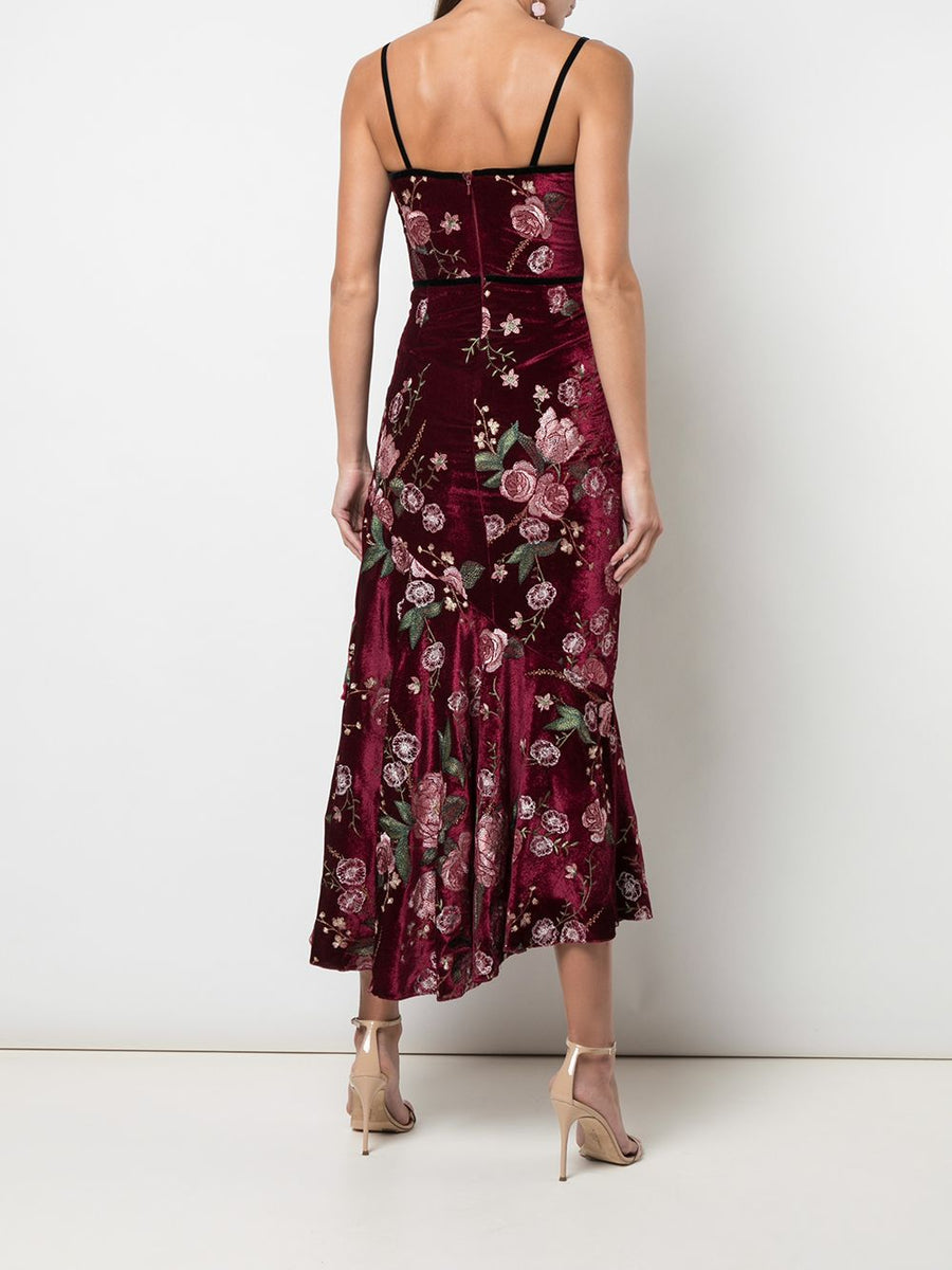 Sleeveless Embroidered Wine Velvet Cocktail Dress | Shop Marchesa Notte