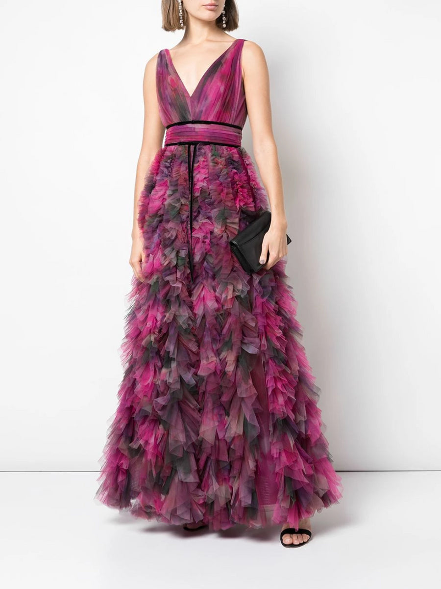V-neck Printed Texture Gown – Marchesa