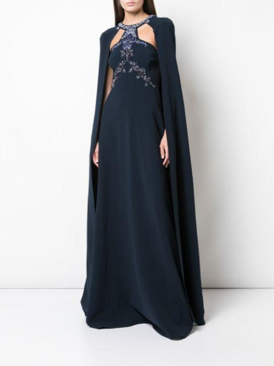 Beaded Embroidered Crepe Cape Gown – Marchesa