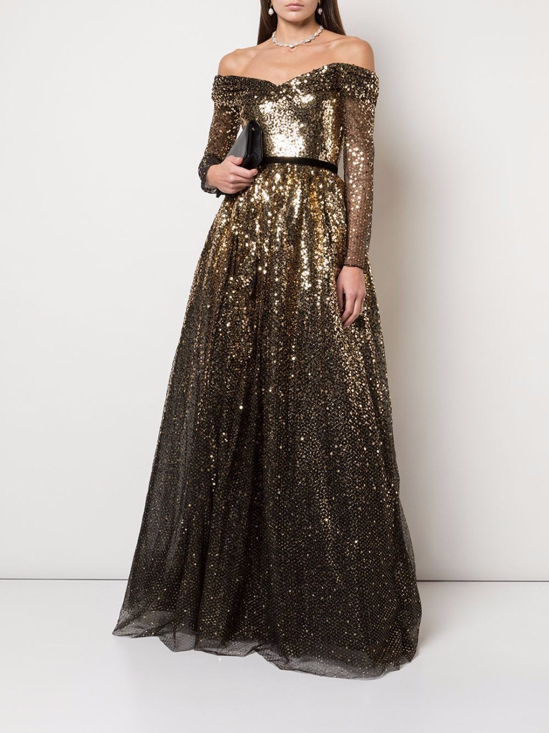 marchesa notte black and gold dress