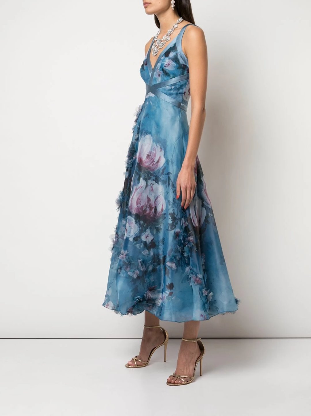 V-Neck 3D Floral Print Tea Length Dress – Marchesa