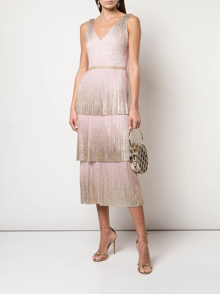 V-Neck Pleated Foil Tiered Cocktail Dress – Marchesa