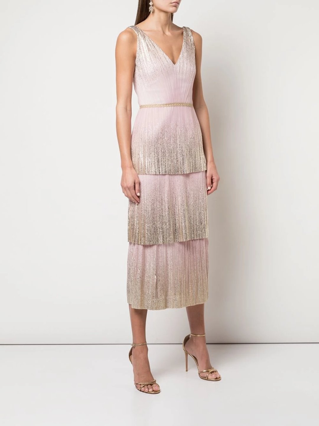 V-Neck Pleated Foil Tiered Cocktail Dress – Marchesa